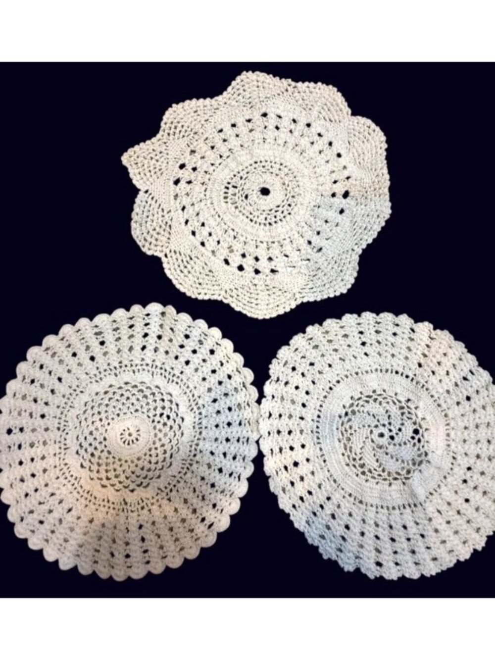Vintage Crochet Doilies Set of 3 Cream Cotton Lace Cottagecore Handmade